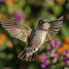 Fototapeta premium Hummingbird in flight, amidst colorful flowers