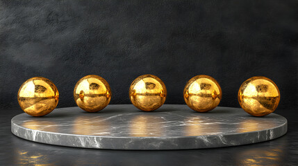 Five golden spheres rest on a sleek, grey marble platform against a dark, textured backdrop.  Luxury, elegance, and sophistication are subtly conveyed.