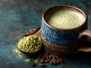 A steaming cup of vibrant green matcha latte sits beside a wooden spoon of matcha powder and roasted barley grains on a dark textured surface.