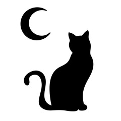A sleek black cat gazing at the crescent moon, a mystical scene