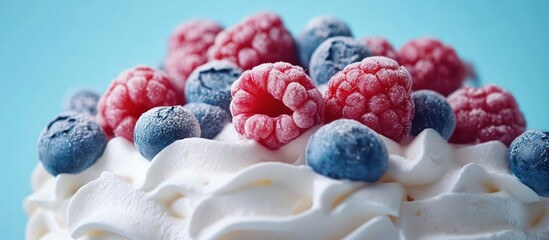 Close-up of frozen raspberries and blueberries on whipped cream.