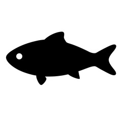Simple stylized black fish silhouette with white eye on a white background