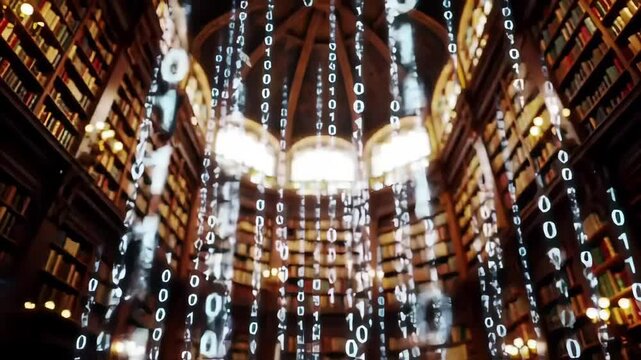 Historic Library Hall with Streaming Digital Data White Binary Code Zero and One in Dimly Lighted Wooden Interior