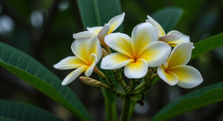 Obraz premium Close Up of White and Yellow Plumeria Flowers