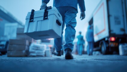 Person carrying container with truck in background - obrazy, fototapety, plakaty