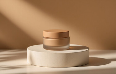 A beige cream jar sits on a minimalist white pedestal, bathed in warm, sunlight. The scene evokes serenity and natural beauty.