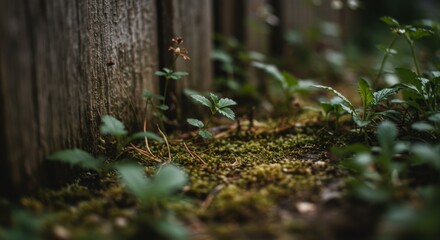 Fototapeta premium Close-up of Lush Green Plants and Moss Growing Near a Wooden Fence