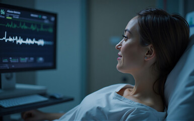 Obraz premium A woman lies in a hospital bed, smiling serenely at a heart monitor displaying a stable rhythm. She appears calm and peaceful.