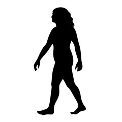 Silhouette of a woman walking barefoot in profile with flowing hair