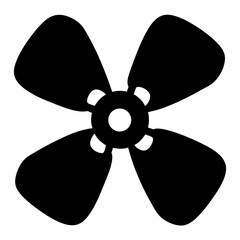 Simple black and white silhouette of a four bladed fan isolated