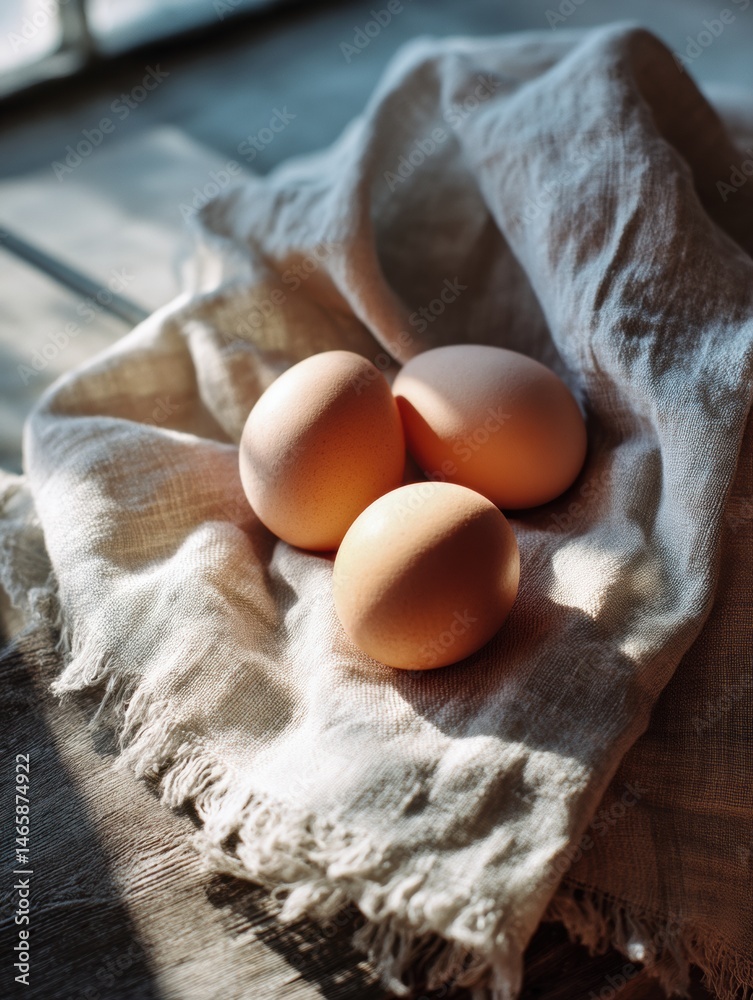 Poster Soft Natural Light Illuminates Fresh Eggs Resting on a Linen Towel in a Rustic Country Setting Generative AI
