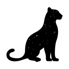 Silhouette of a seated panther with stars shining through its body in black © Tanjila