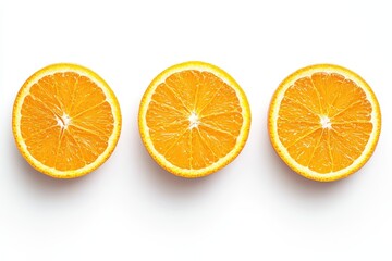 Three orange halves in a row on a white background, top view