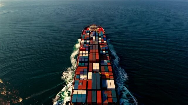 Aerial view of large cargo container ship navigating open sea