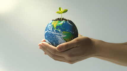 Sustainable Earth in Hand – 3D Eco-Friendly Concept with Growing Plant on White Background, No 187