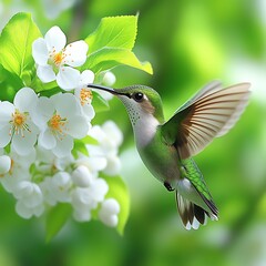 Fototapeta premium Hummingbird in flight, feasting on spring blossoms