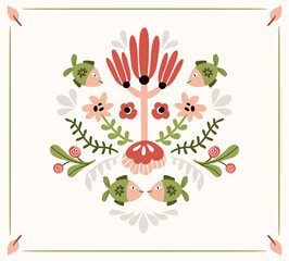 Folk hygge ready to use vector ocean print in Scandinavian style, folkloric isolated design on white. Composition with classic ethnic elements. Scandi folk motifs - sea animals, fishes and flowers