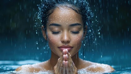 Obraz premium serene immersion a tranquil woman meditating in rain with hands clasped against a cool aquamarine backdrop