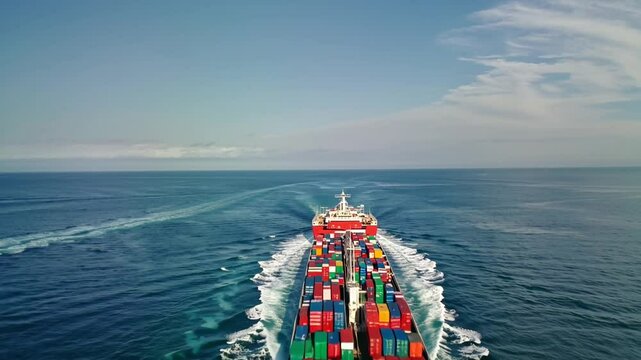 Large cargo container ship sailing on calm ocean