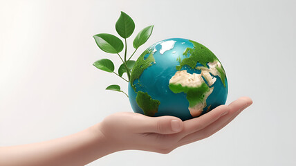 Sustainable Earth in Hand – 3D Eco-Friendly Concept with Growing Plant on White Background, No 171