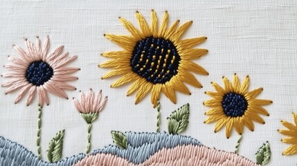 Sunflowers embroidery on white simple fabric. Concept of flowers, spring, summer, craft, handmade, sophistication