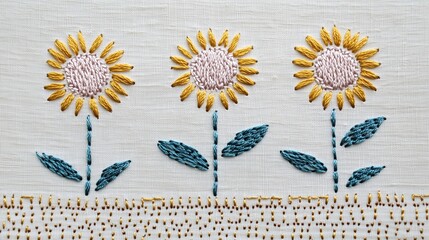 Sunflowers embroidery on white simple fabric. Concept of flowers, spring, summer, craft, handmade, sophistication