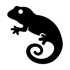 A bold silhouette of a coiled lizard or gecko on a white background