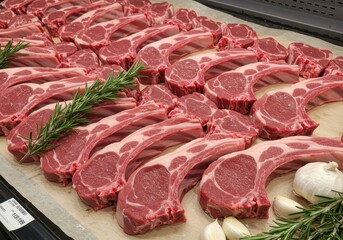 Fresh Rack of Lamb Chops Arranged on Butcher Paper Surrounded by Garlic and Rosemary in Meat Display at Grocery Store