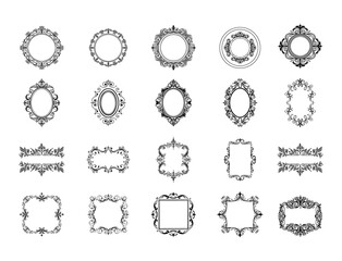A set of black line icons of frames in a hand-drawn style, a vector large set of symbols with elegant frames isolated on a white background