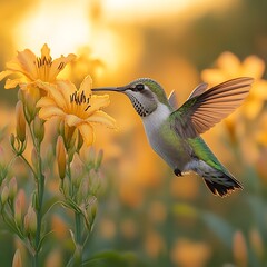 Fototapeta premium Hummingbird in flight, nectar, golden hour, vibrant flowers