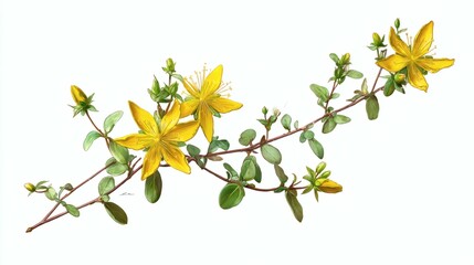 Obraz premium Flowering St. John's Wort Twig with Yellow Petals and Green Leaves on White