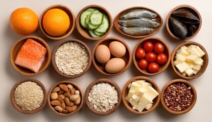 Various healthy food ingredients in wooden bowls