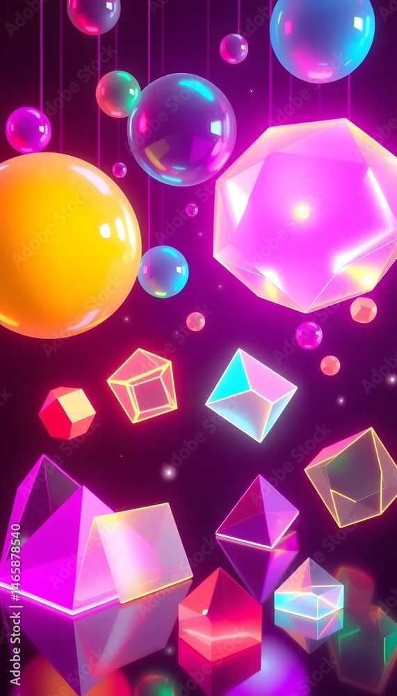 Poster abstract holographic shapes a mesmerizing display, featuring spheres, pyramids and angular forms. vi