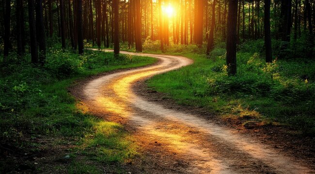 Winding forest path bathed in golden sunlight