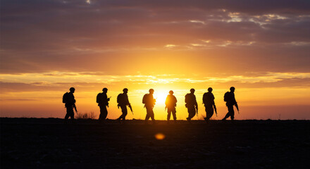 Banner template with soldiers walking into sunset
