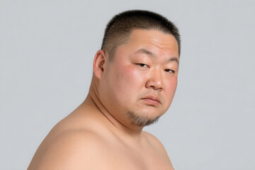 Naklejka premium dynamic portrait of sumo wrestler on left side of frame showcasing determined expression