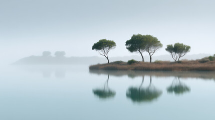 serene coastal wetland in france enveloped in soft mist and fog showcasing natural symmetry