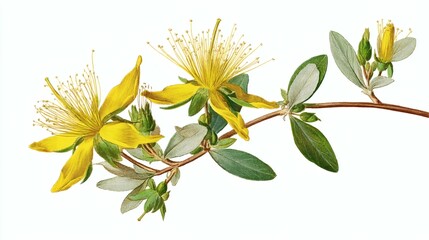 Hypericum Perforatum Blossom on Branch with Yellow Petals and Green Leaves