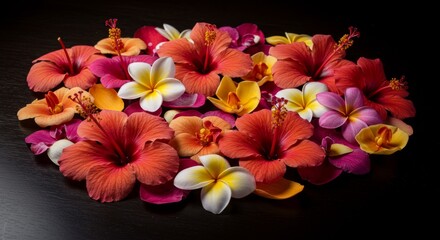Obraz premium Vibrant Hibiscus and Plumeria Floral Arrangement on Dark Background