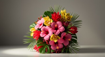 Obraz premium Vibrant Tropical Flower Bouquet with Pink Hibiscus and Yellow Orchids