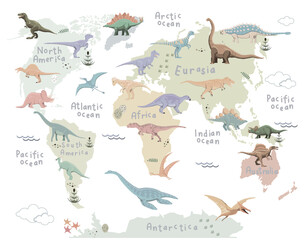 Whimsical Dinosaur Map of Continents for Children, Fun Learning Design with T-Rex, Triceratops © csinie1