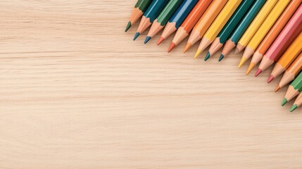 Colorful pencils arranged diagonally on a wooden surface, leaving space for text or design.
