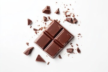Dark chocolate bar and broken pieces on white background, overhead view