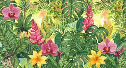 Selbstklebende Fototapeten Vibrant Watercolor Tropical Flowers and Lush Greenery © AleniaFlow