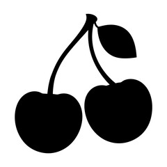 Silhouette illustration of two cherries with stem and leaf on white background