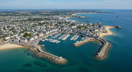 Coastal town harbor aerial view