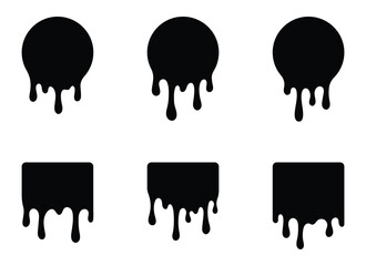 Black paint drip vector icon set. Round and square ink or liquid blobs with dripping effect. Symbol for graffiti, grunge design, or creative splatter art. Isolated on white background.