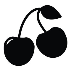 Black and white image of two ripe cherries with a single leaf