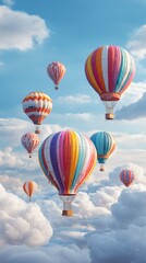 Obraz premium Multicolored Hot Air Balloons Floating on Blue Sky and Puffy Cloudscape Scenery