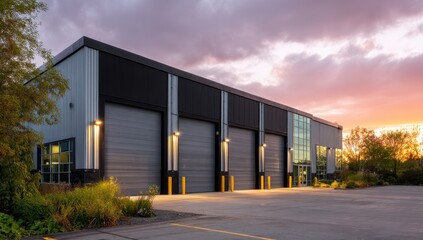 Commercial building exterior sunset warehouse structure